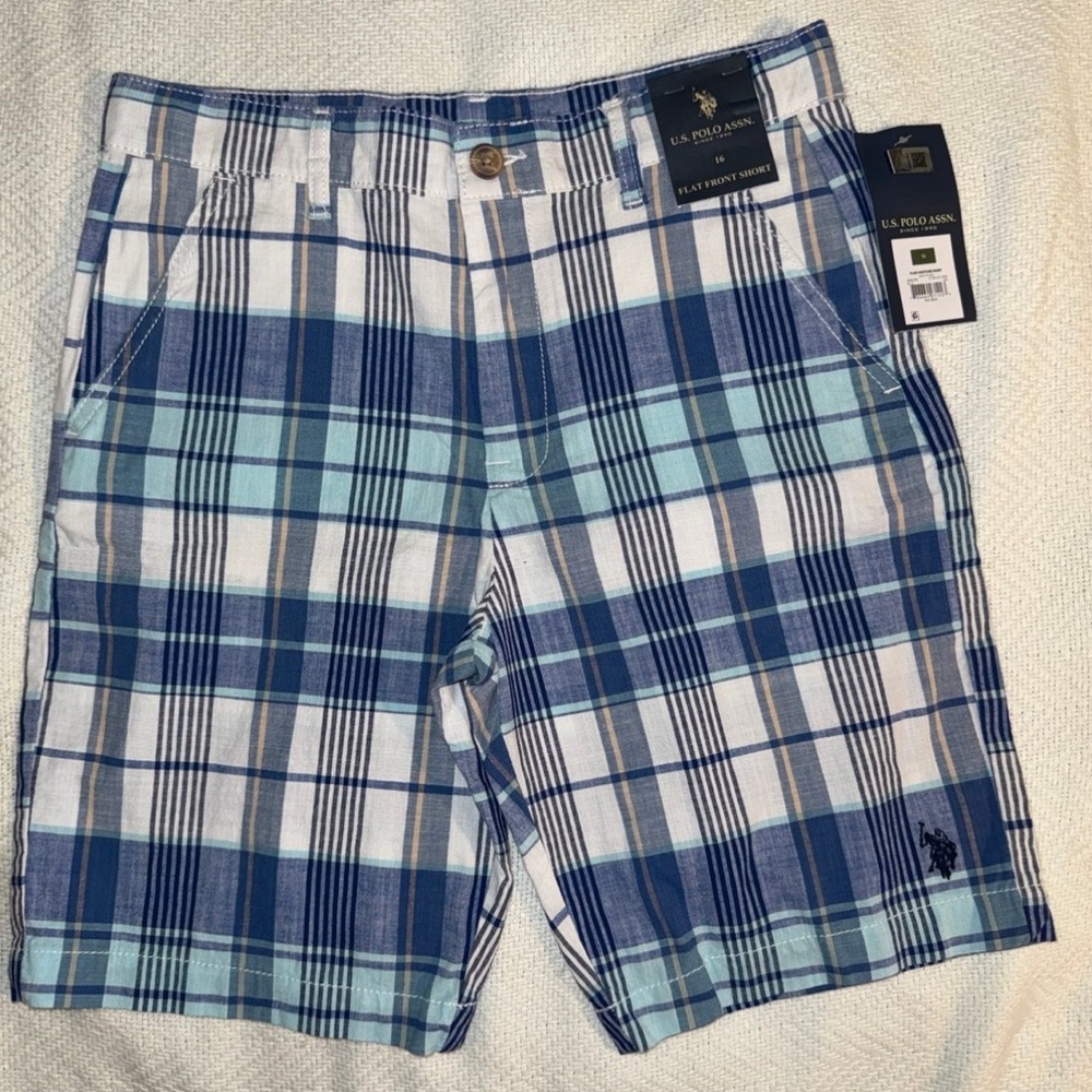U.S. Polo Assn. Blue and White Plaid Flat Front Shorts Boys Sz 16, NWT